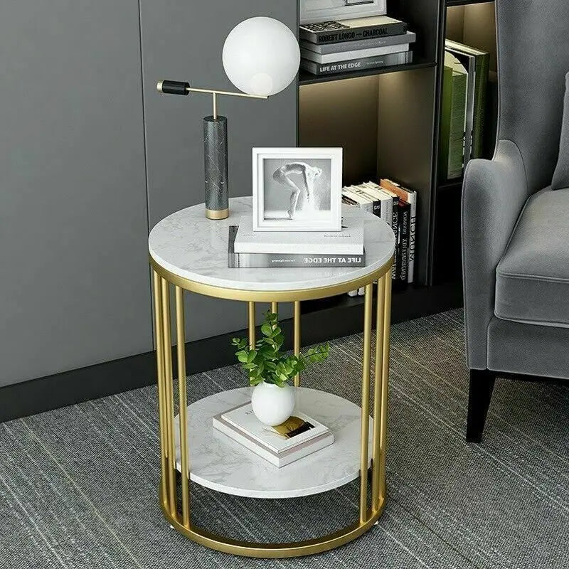 2-Tier White Marble Side Table round Coffee Table Nightstand 