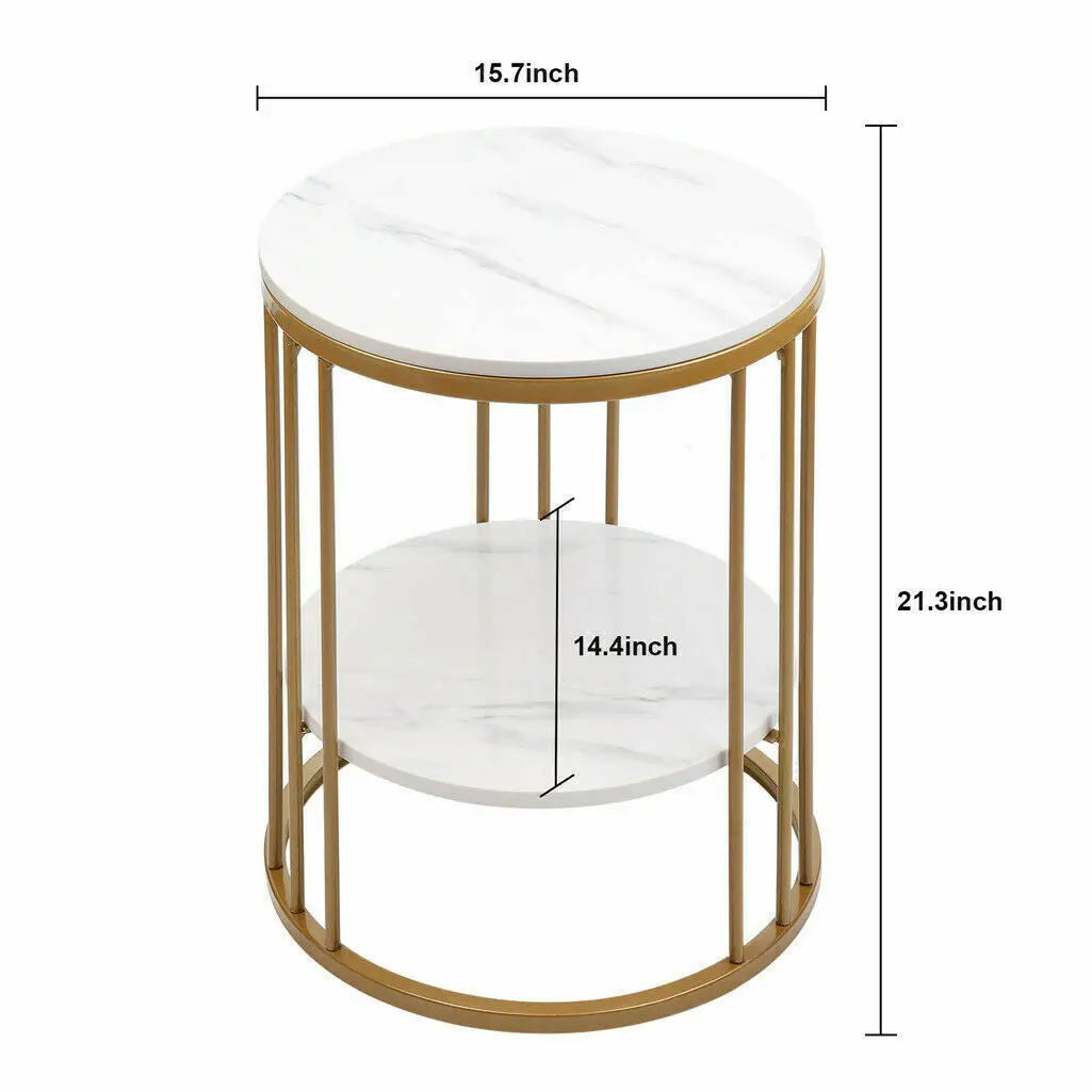 2-Tier White Marble Side Table round Coffee Table Nightstand 