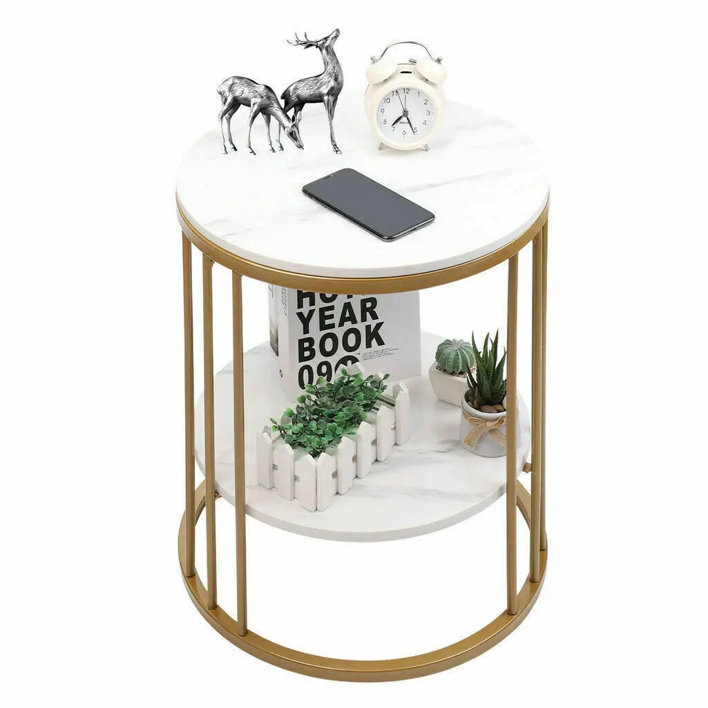 2-Tier White Marble Side Table round Coffee Table Nightstand 